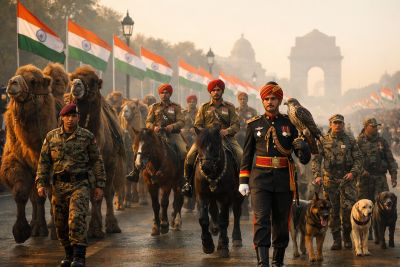 Indian Army animal warriors marching during Republic Day parade with camels, Zanskar ponies, military dogs and falcon raptors on Kartavya Path