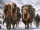 Bactrian camels with double humps carrying military supplies with Indian Army in the cold desert of Ladakh